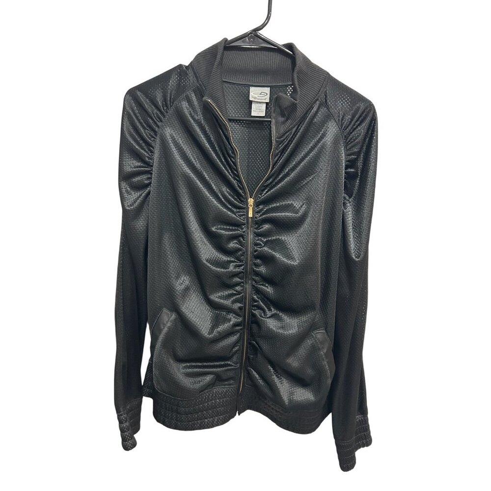 Champion Womens Black Ruched Zip-Up Ribbed Hem Collared Jacket Sz L Outerwear